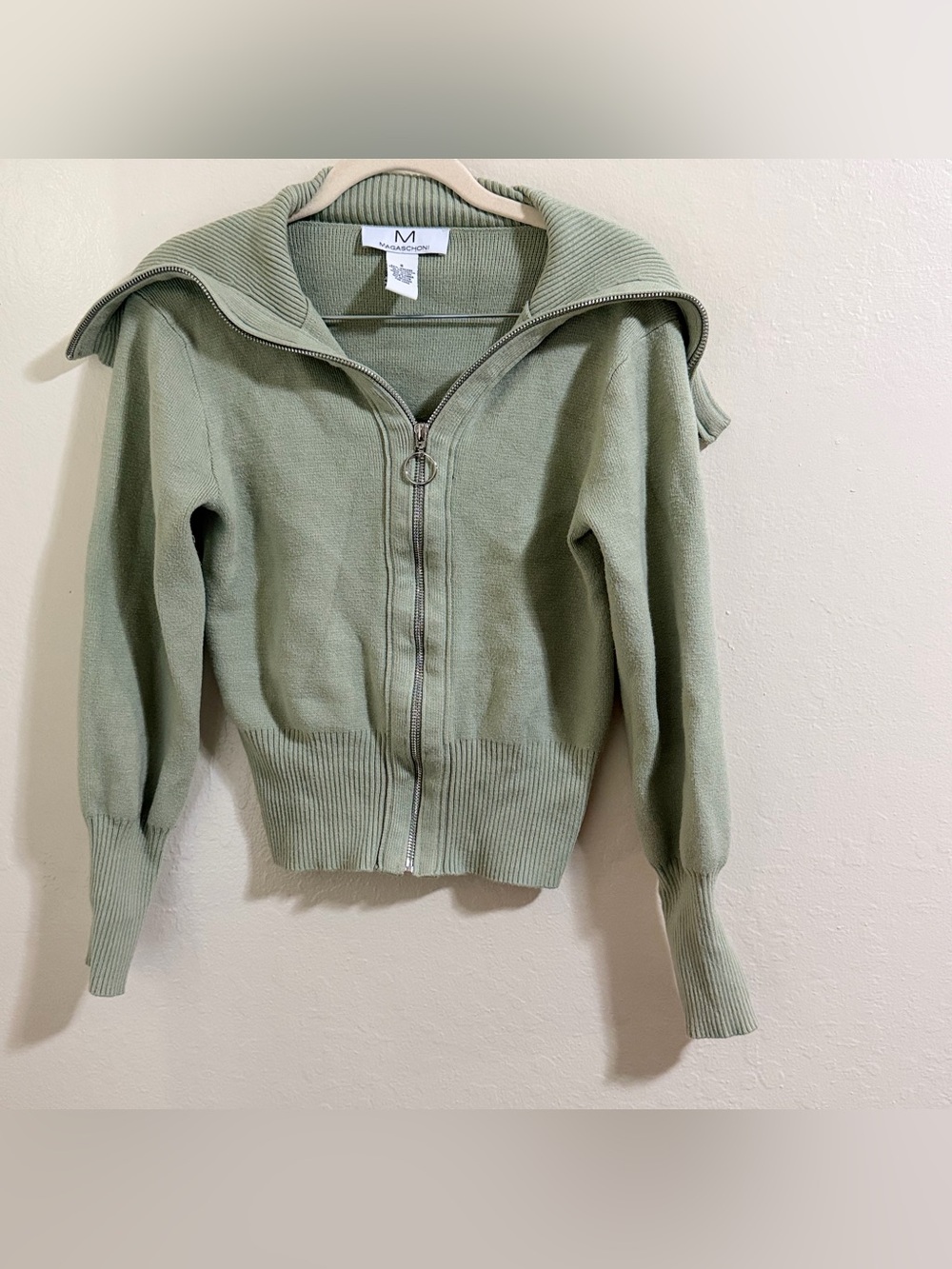 MAGASCHONI Sage Green Full Zip Knit Sweater Ribbed Collared Cardigan Size S